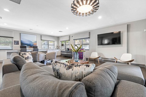 a living room with couches and chairs and a tv